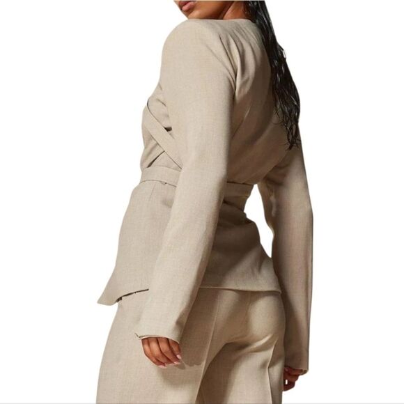 PLT LABEL Oatmeal Strap Detail Cross Over Fitted Blazer, 2 - Picture 4 of 10